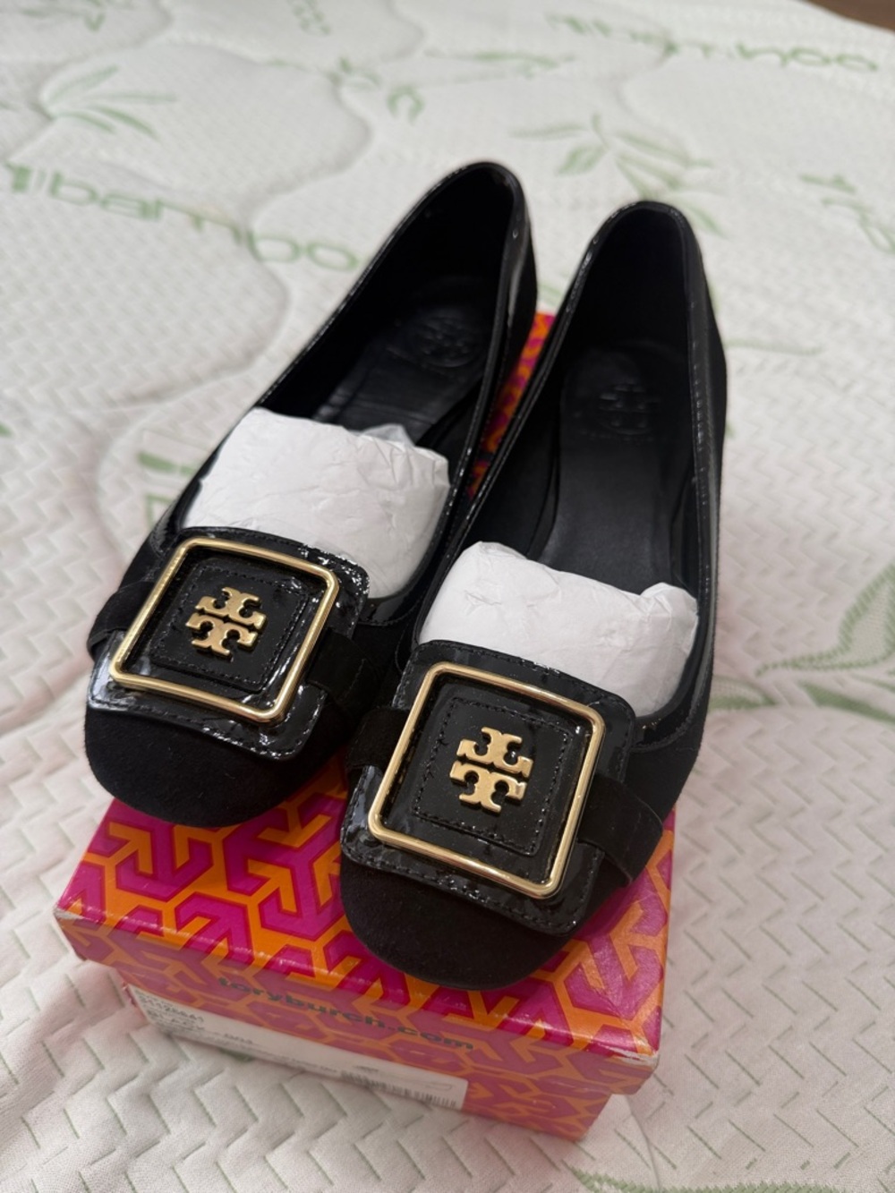 Tory Burch Black Suede Flats with Gold Buckle